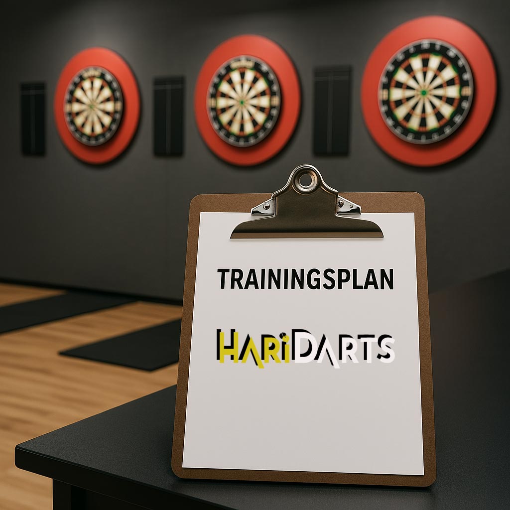 Dartboards im Hintergrund und Clipboard mit einem Trainingsplan von HariDarts